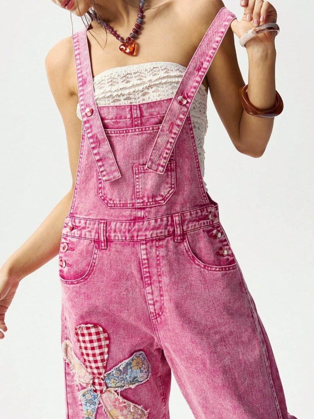 Pink Casual Women's Denim Cropped Straps Gingham Ripped Sleeveless Jumpsuit